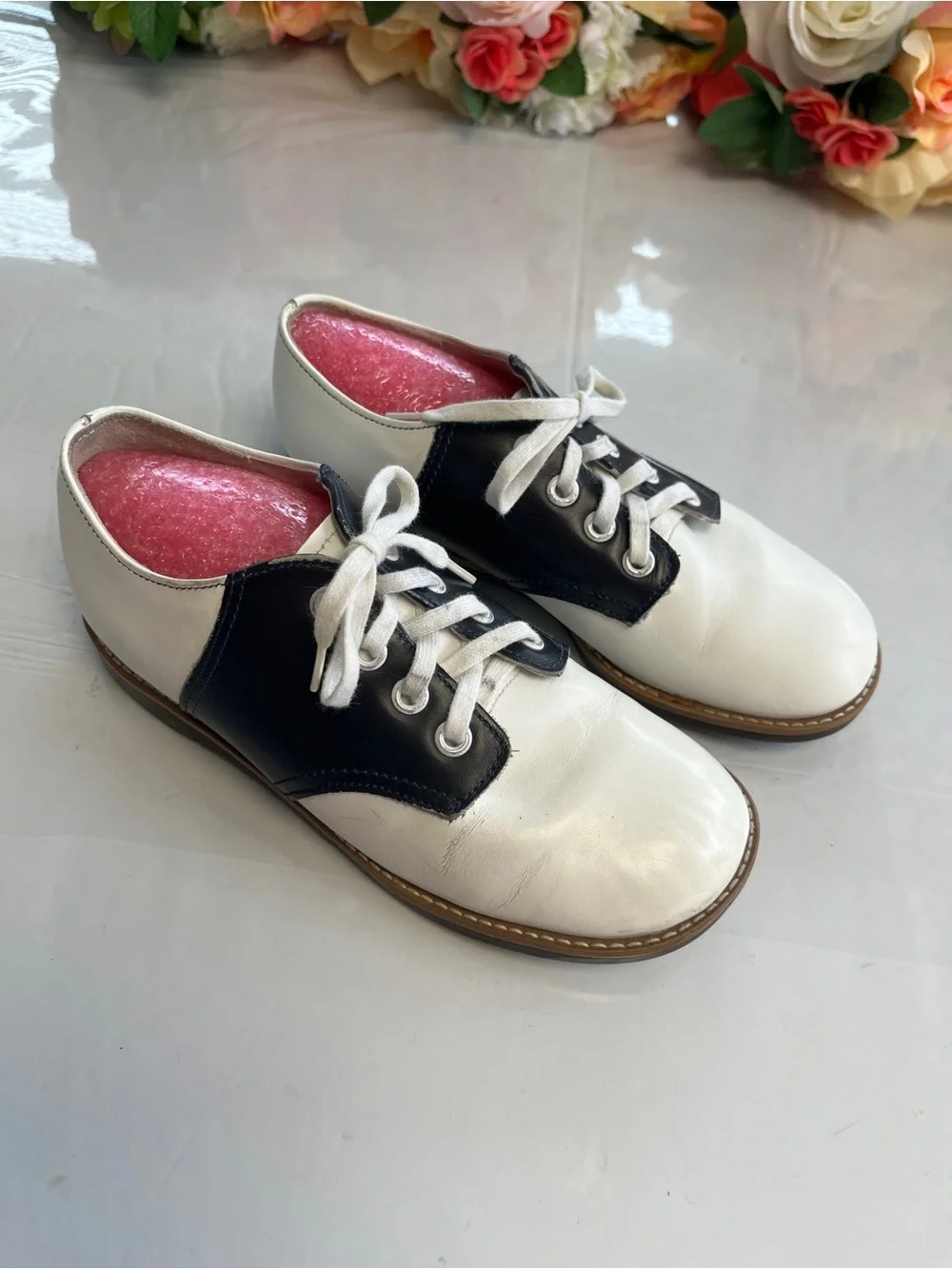 Stride Rite 2978 White Navy Leather Saddle Oxford Shoes Kids Size 12